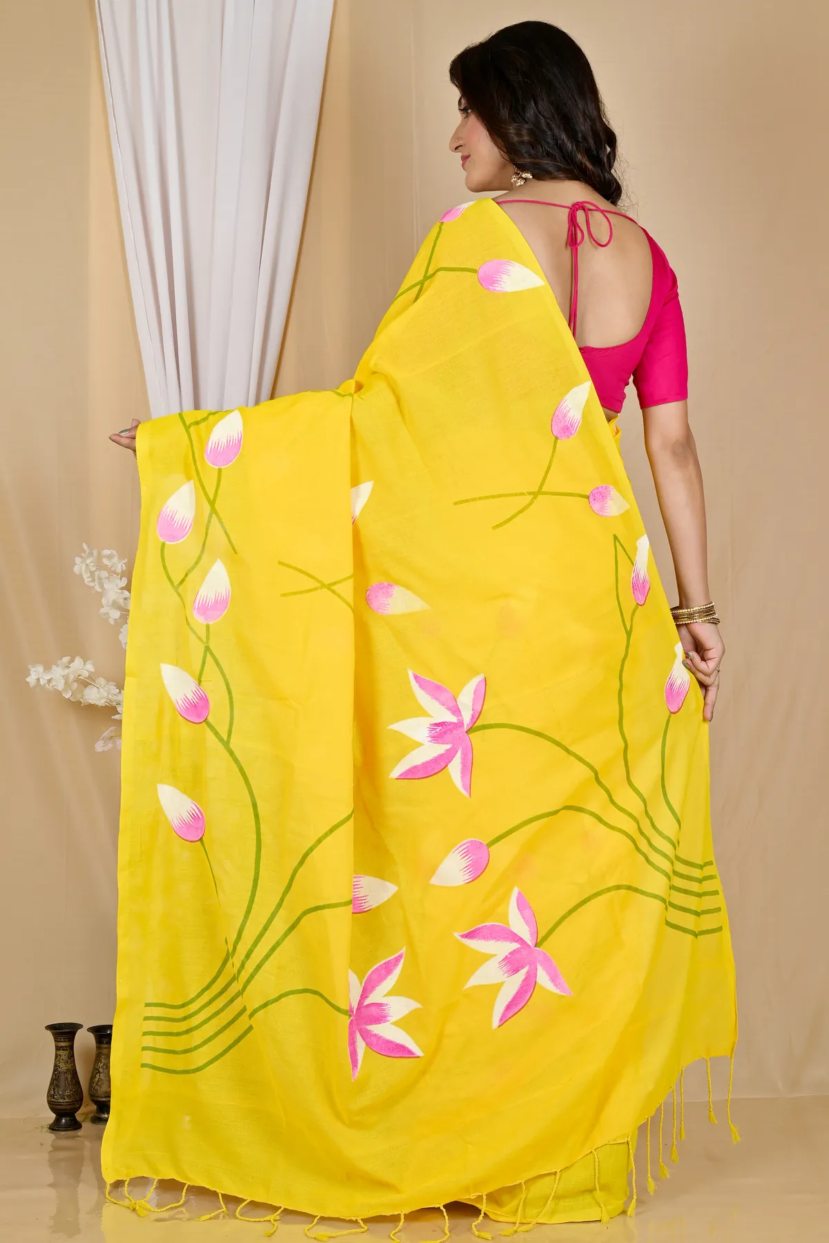 DipDiya Pure Cotton Yellow Kamal Loom to Love Hand Painted Sarees