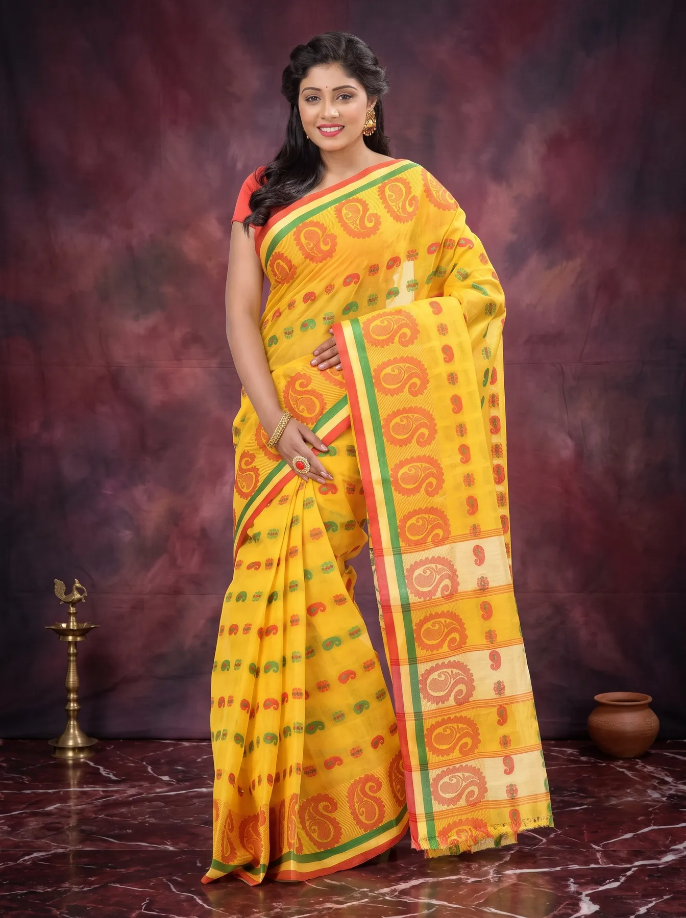 DipDiya Pure Cotton Yellow Kanak Chur Crafted by Artisans Tant Sarees