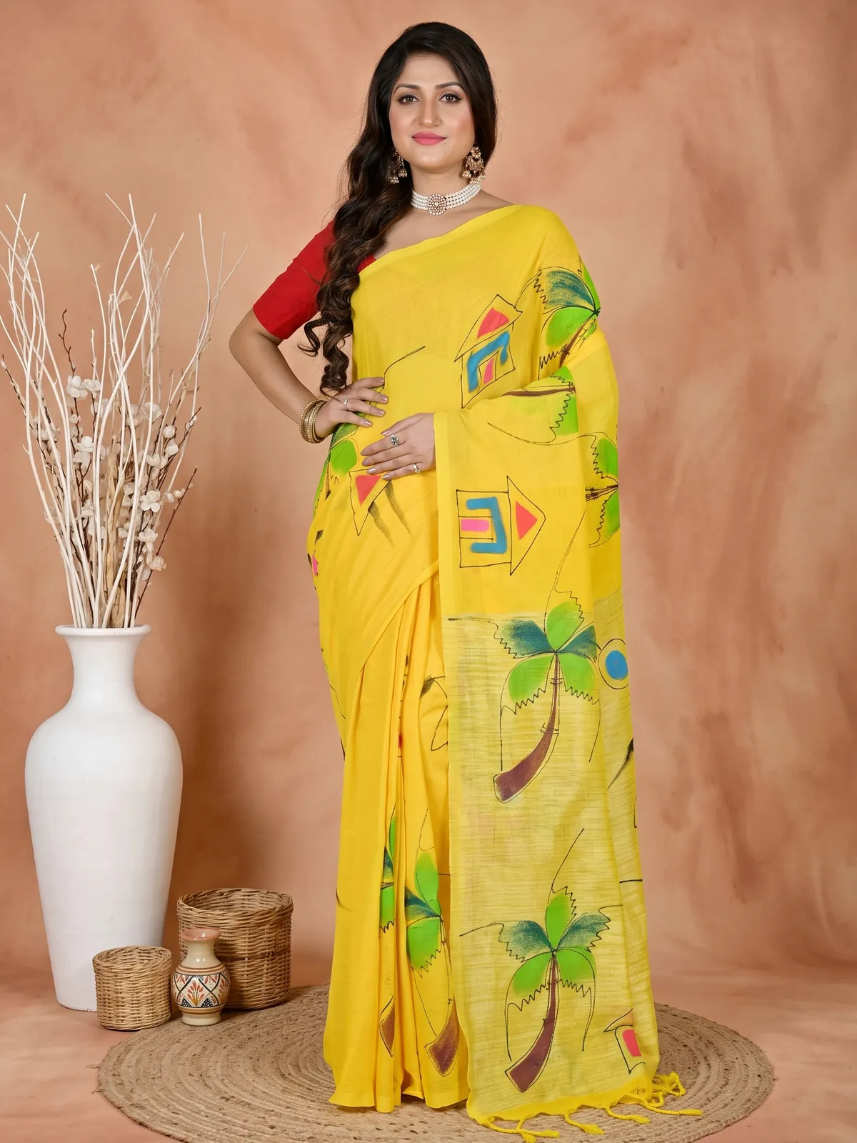 DipDiya Pure Cotton Yellow Keshaka Timeless Bengal Hand Painted Sarees