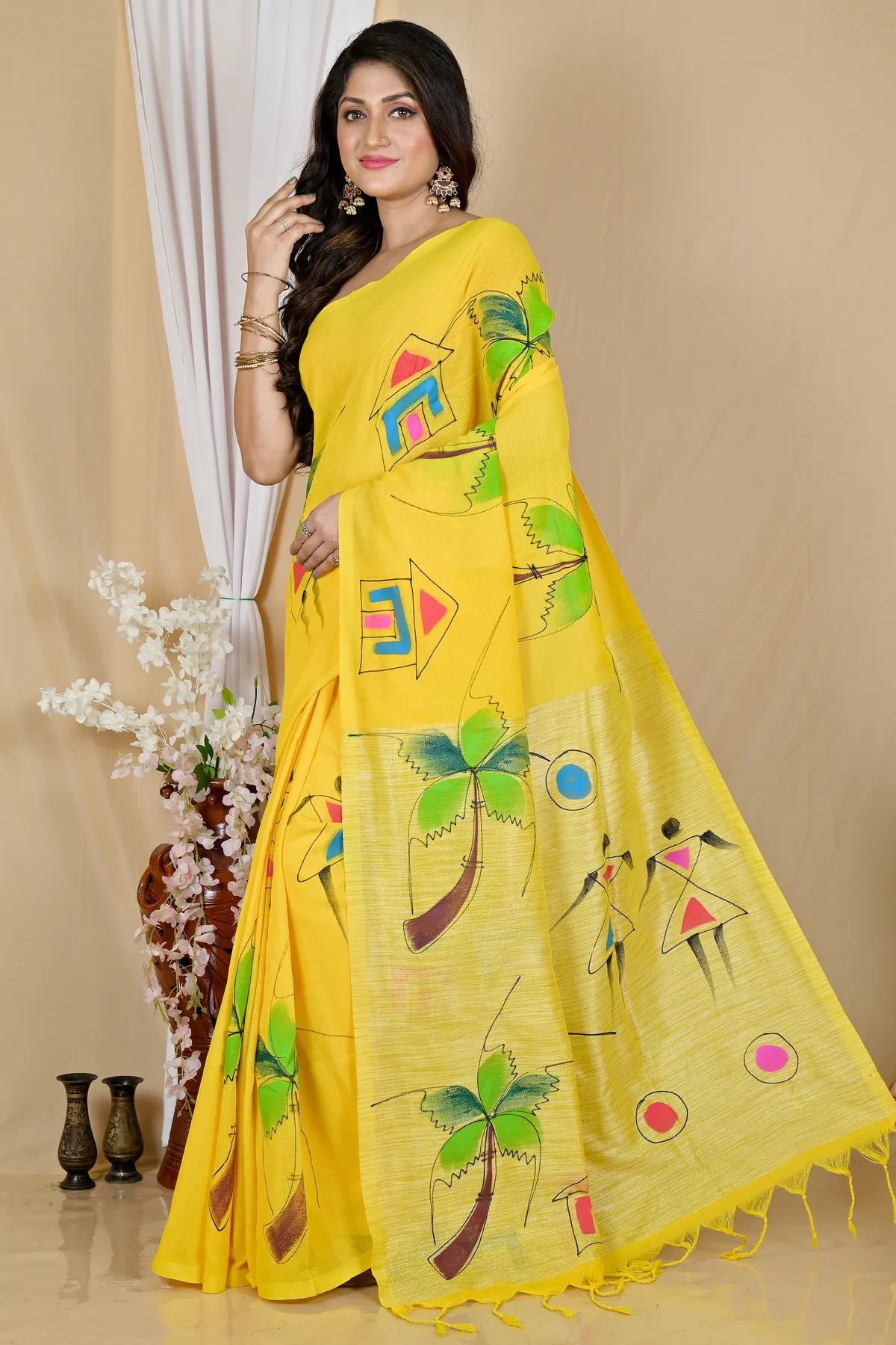 DipDiya Pure Cotton Yellow Keshaka Timeless Bengal Hand Painted Sarees