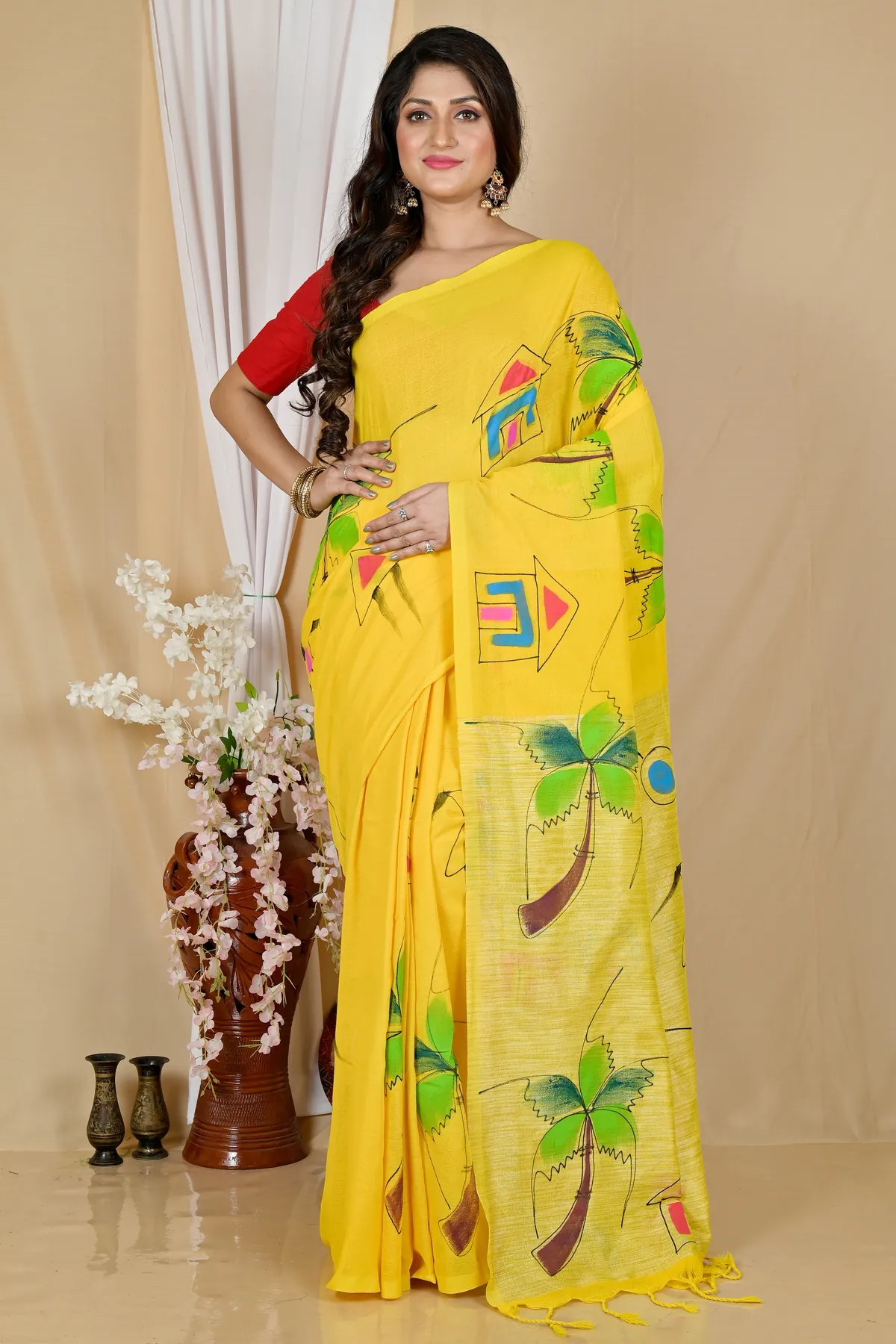 DipDiya Pure Cotton Yellow Keshaka Timeless Bengal Hand Painted Sarees