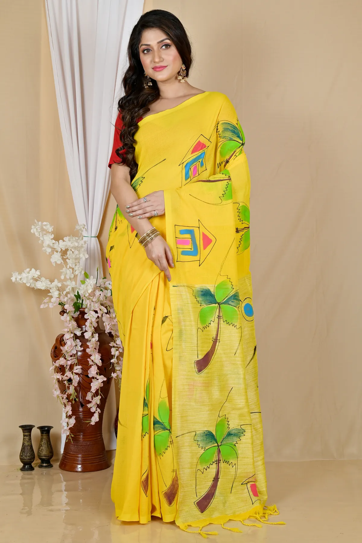 DipDiya Pure Cotton Yellow Keshaka Timeless Bengal Hand Painted Sarees