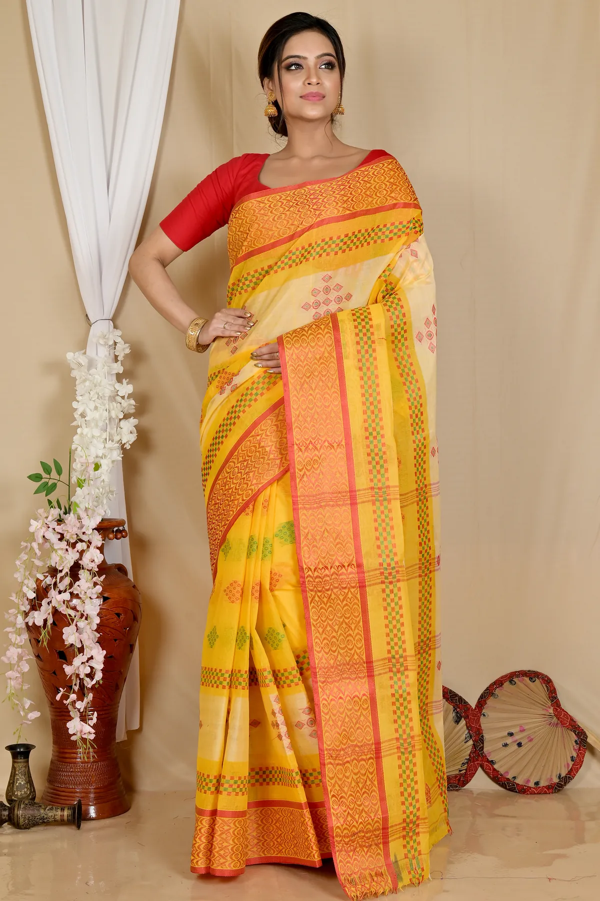 DipDiya Pure Cotton Yellow Krita Wrapped in Heritage Tant Sarees