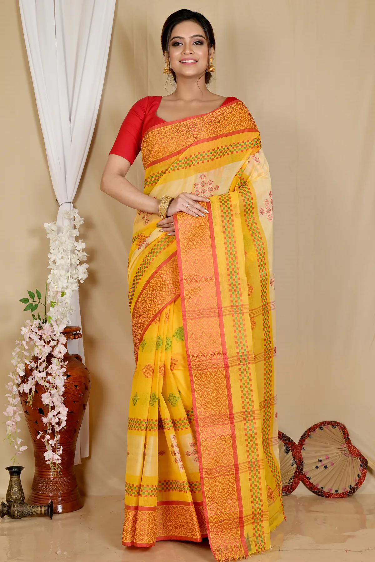 DipDiya Pure Cotton Yellow Krita Wrapped in Heritage Tant Sarees