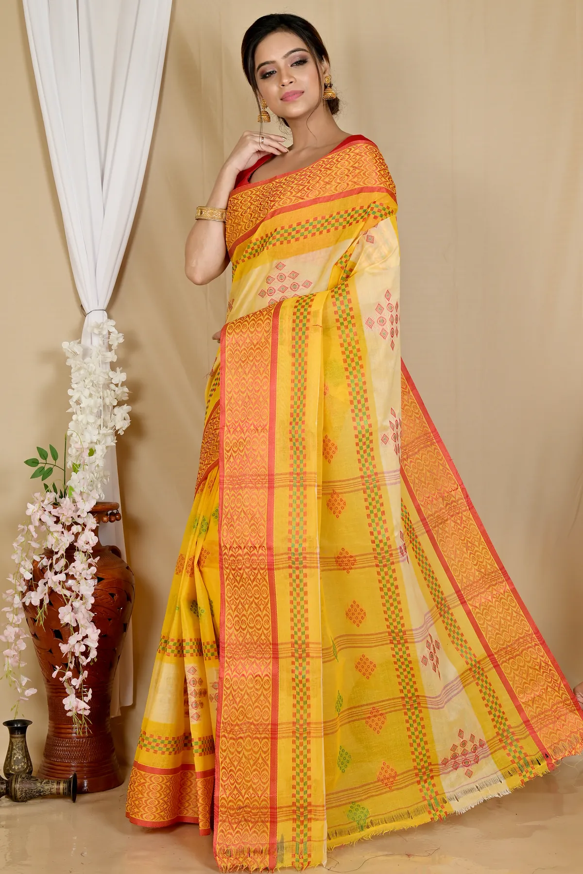 DipDiya Pure Cotton Yellow Krita Wrapped in Heritage Tant Sarees