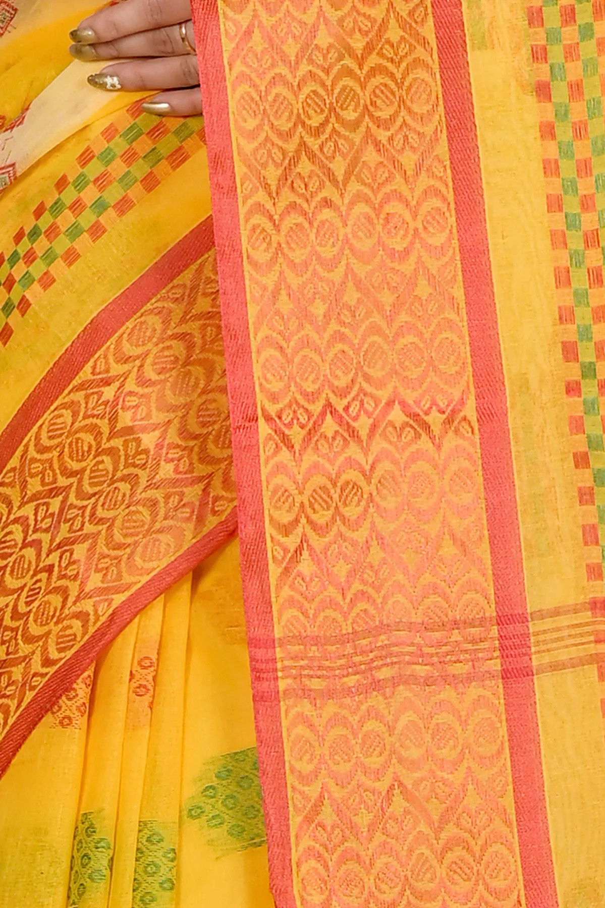 DipDiya Pure Cotton Yellow Krita Wrapped in Heritage Tant Sarees