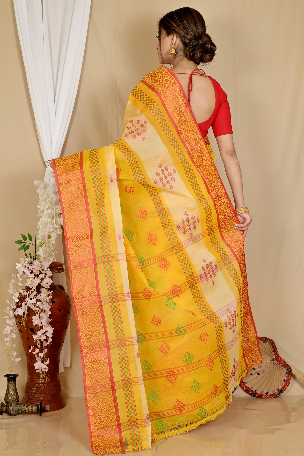 DipDiya Pure Cotton Yellow Krita Wrapped in Heritage Tant Sarees