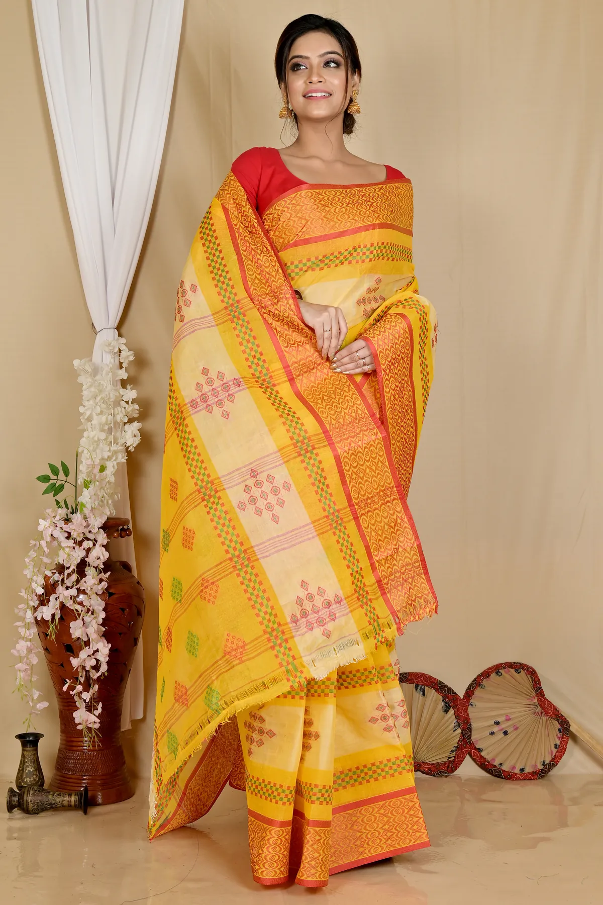 DipDiya Pure Cotton Yellow Krita Wrapped in Heritage Tant Sarees