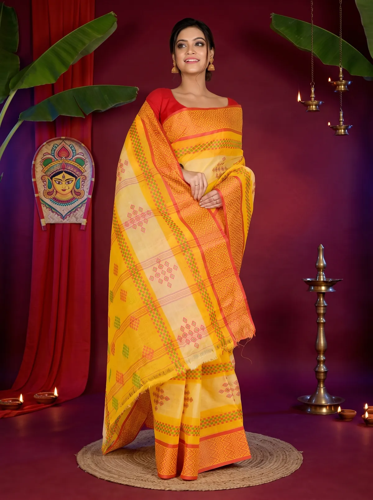 DipDiya Pure Cotton Yellow Krita Wrapped in Heritage Tant Sarees