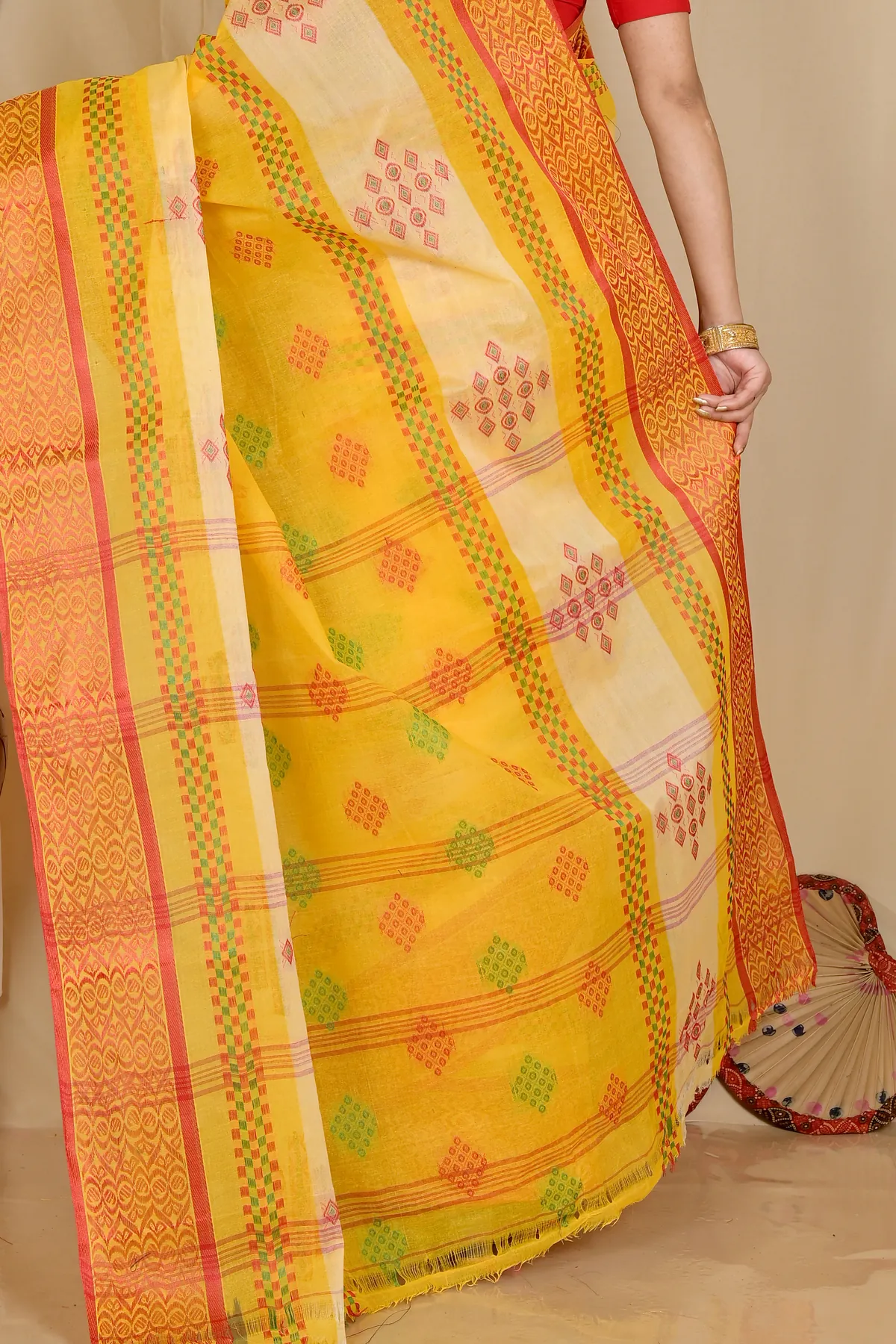 DipDiya Pure Cotton Yellow Krita Wrapped in Heritage Tant Sarees