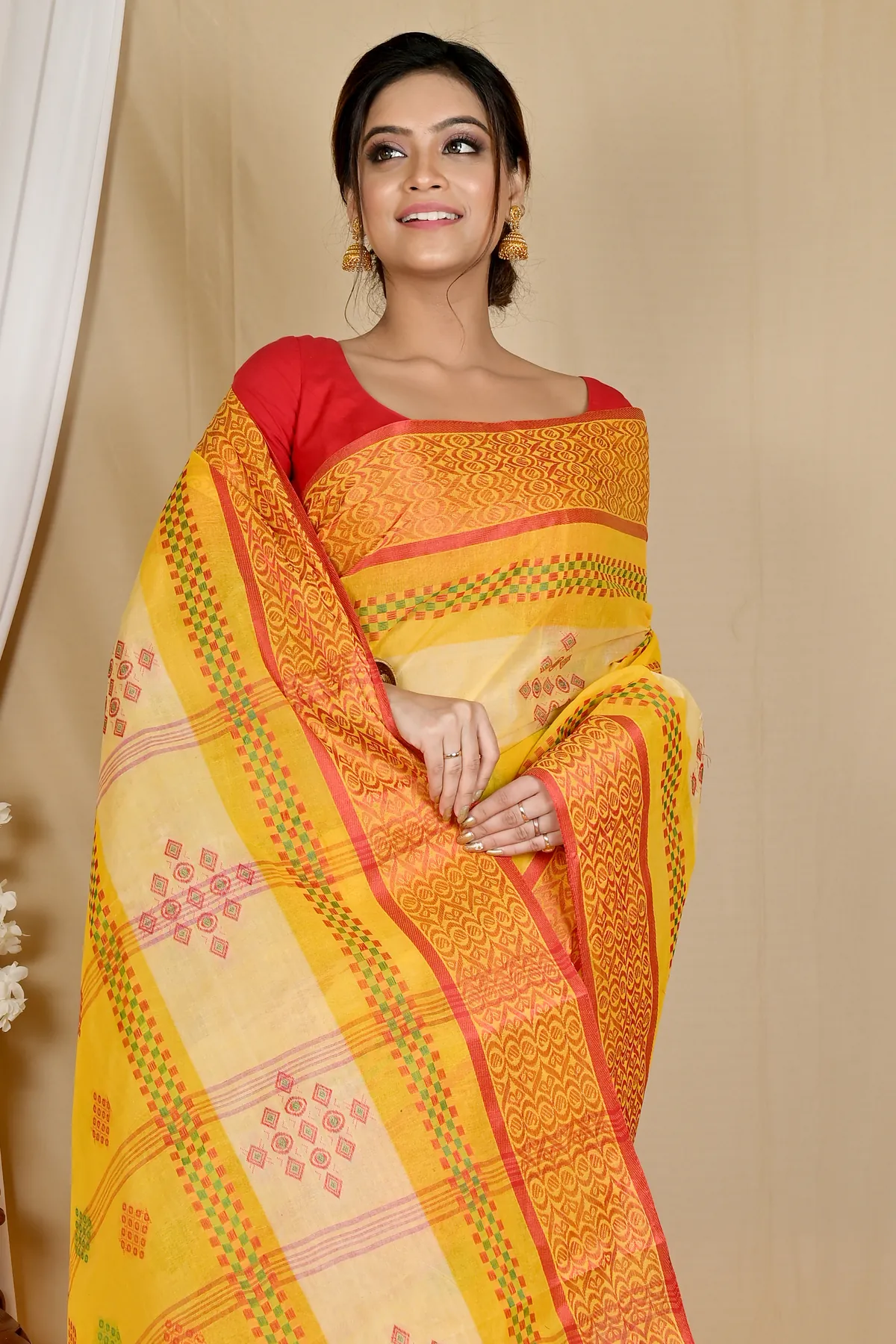 DipDiya Pure Cotton Yellow Krita Wrapped in Heritage Tant Sarees