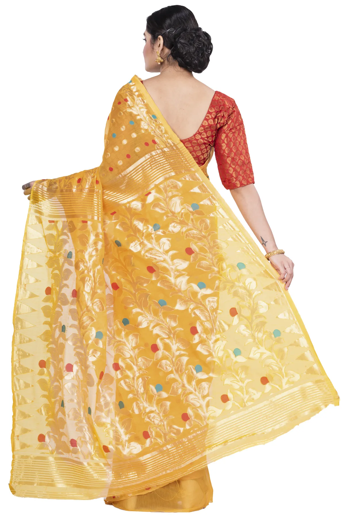 DipDiya Pure Cotton Yellow Lataguti Jmdni Timeless Elegance Jamdani Sarees