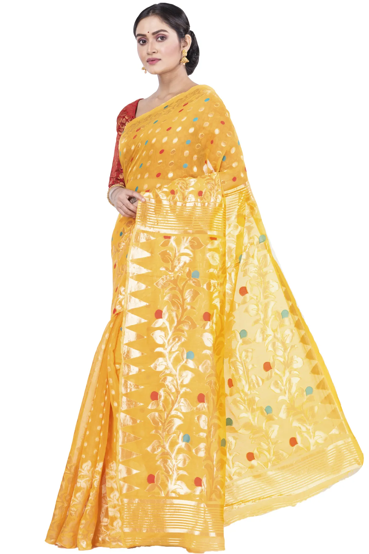 DipDiya Pure Cotton Yellow Lataguti Jmdni Timeless Elegance Jamdani Sarees