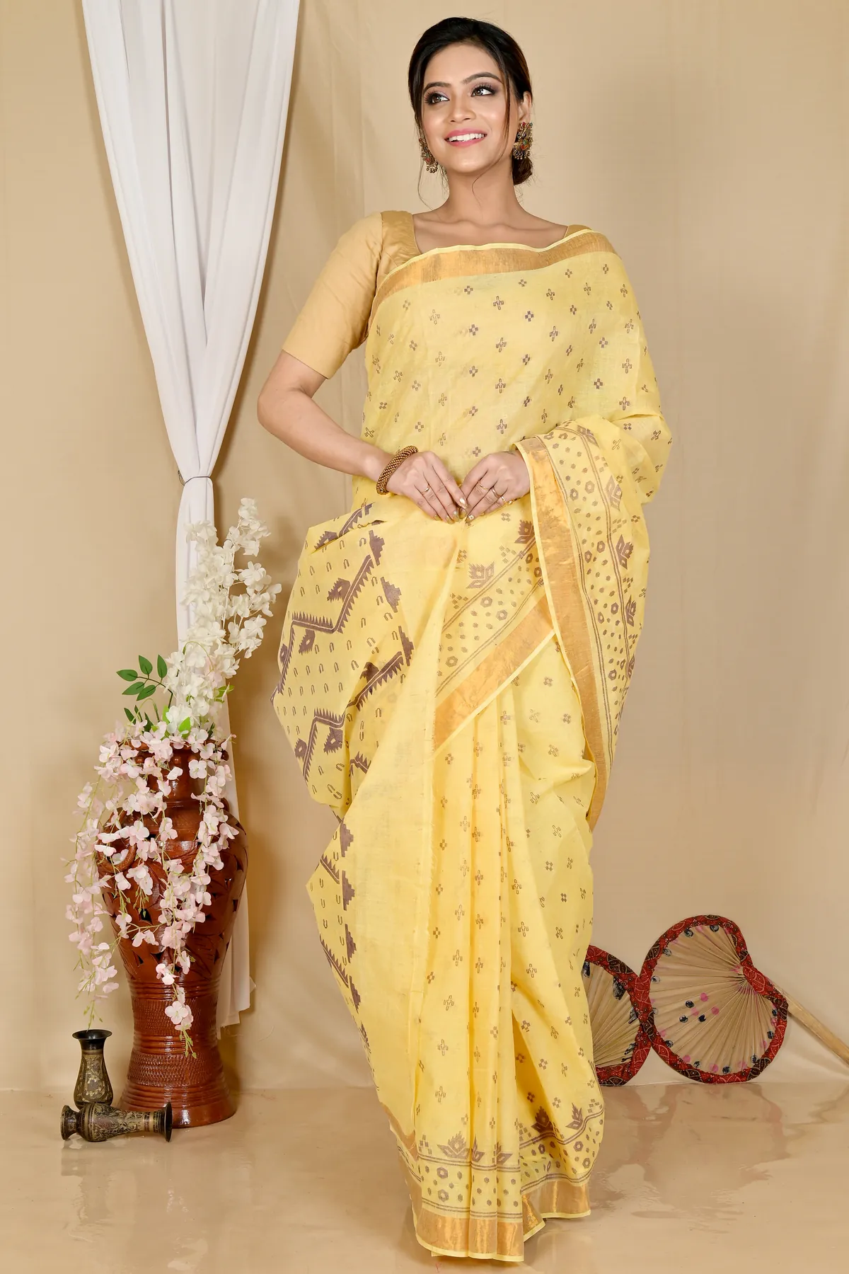 DipDiya Pure Cotton Yellow Luvna Effortless Tradition Printed Tant Sarees