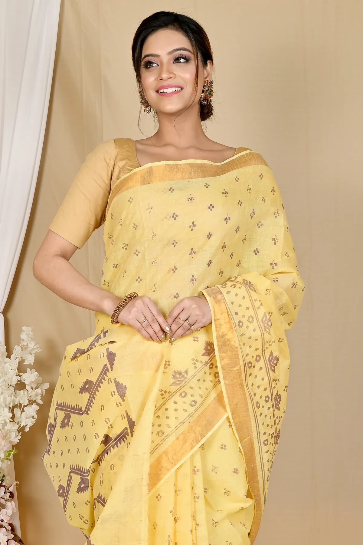 DipDiya Pure Cotton Yellow Luvna Effortless Tradition Printed Tant Sarees