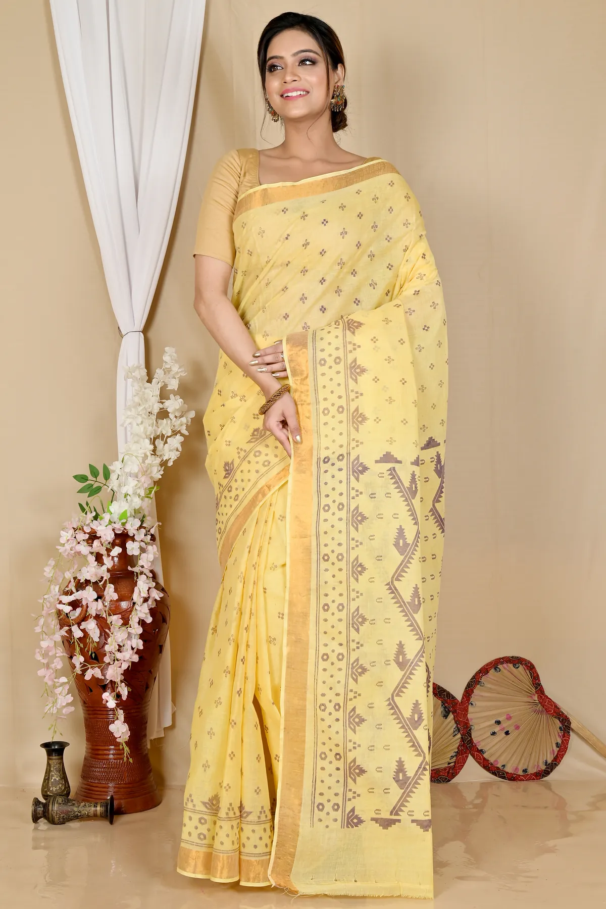 DipDiya Pure Cotton Yellow Luvna Effortless Tradition Printed Tant Sarees