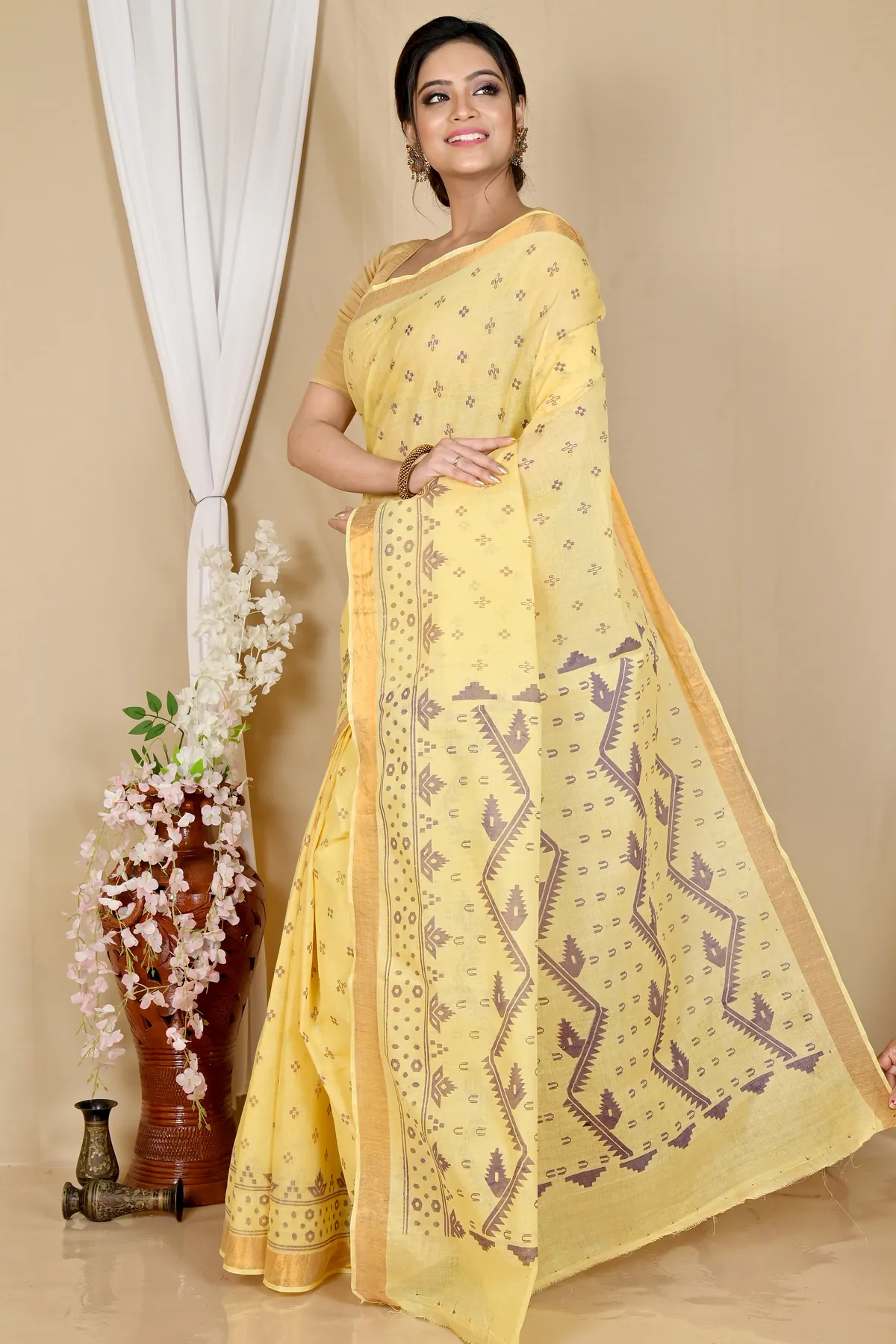 DipDiya Pure Cotton Yellow Luvna Effortless Tradition Printed Tant Sarees