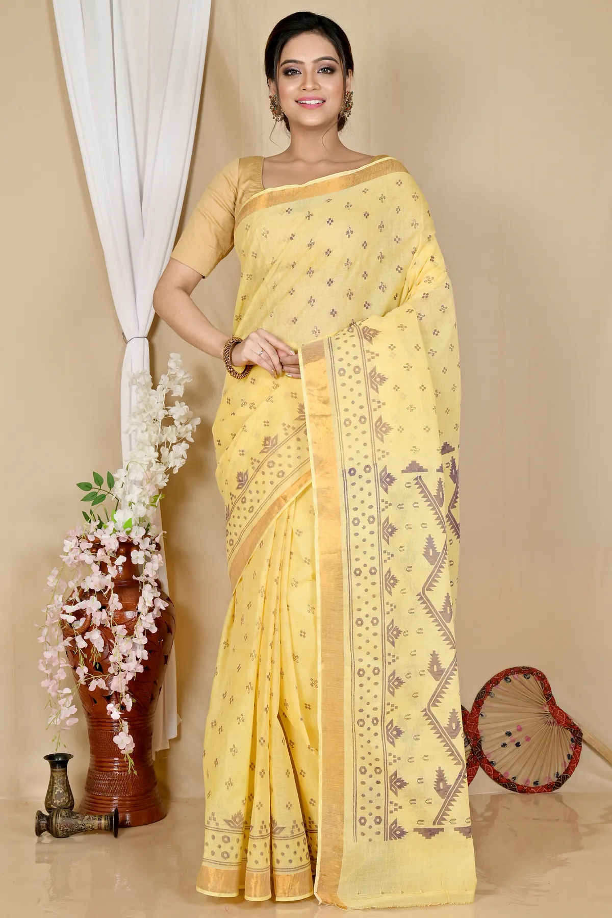 DipDiya Pure Cotton Yellow Luvna Effortless Tradition Printed Tant Sarees