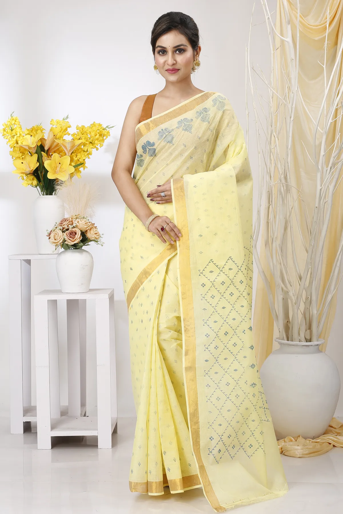 DipDiya Pure Cotton Yellow Luvya Weaves with a Story Printed Tant Sarees