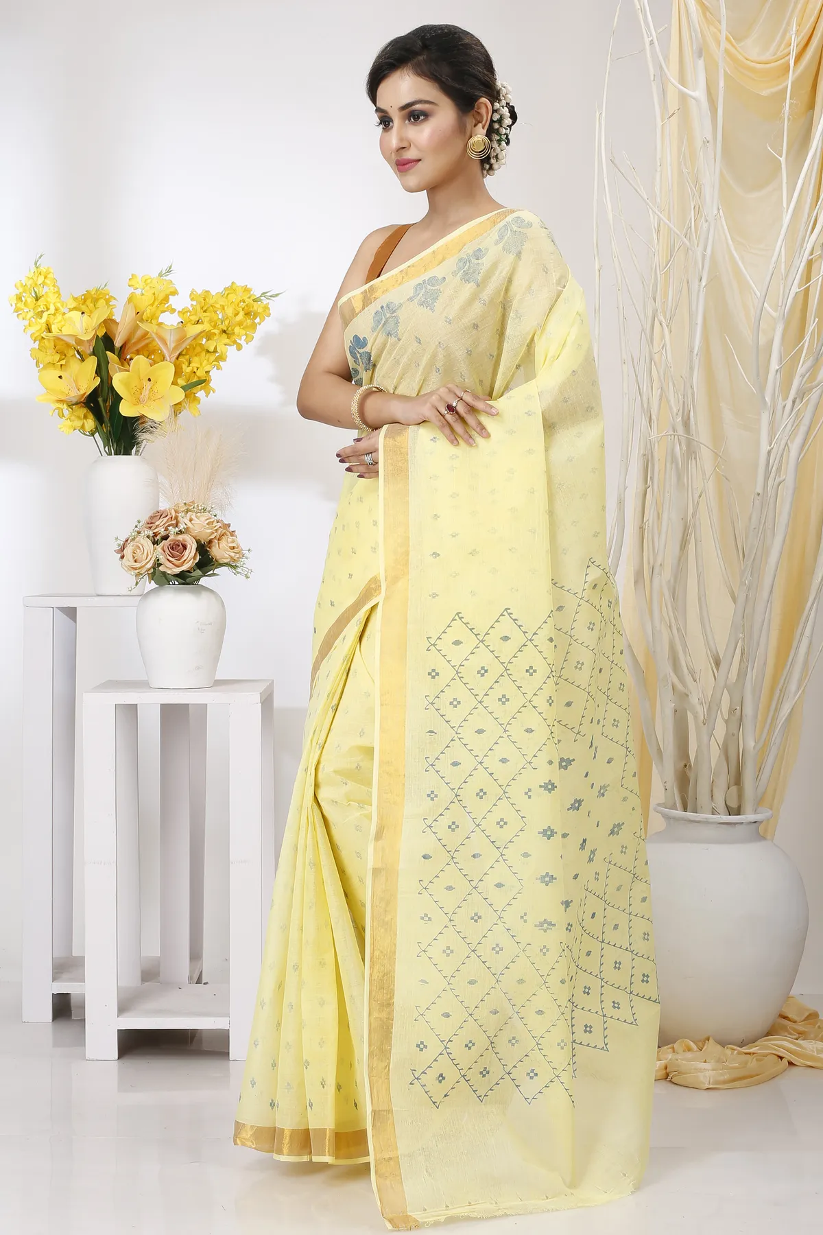DipDiya Pure Cotton Yellow Luvya Weaves with a Story Printed Tant Sarees