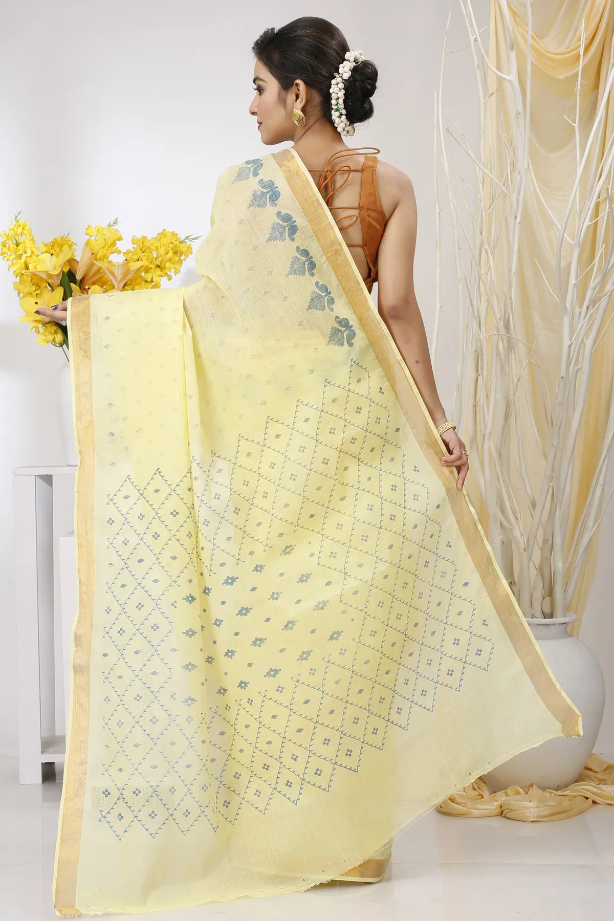 DipDiya Pure Cotton Yellow Luvya Weaves with a Story Printed Tant Sarees