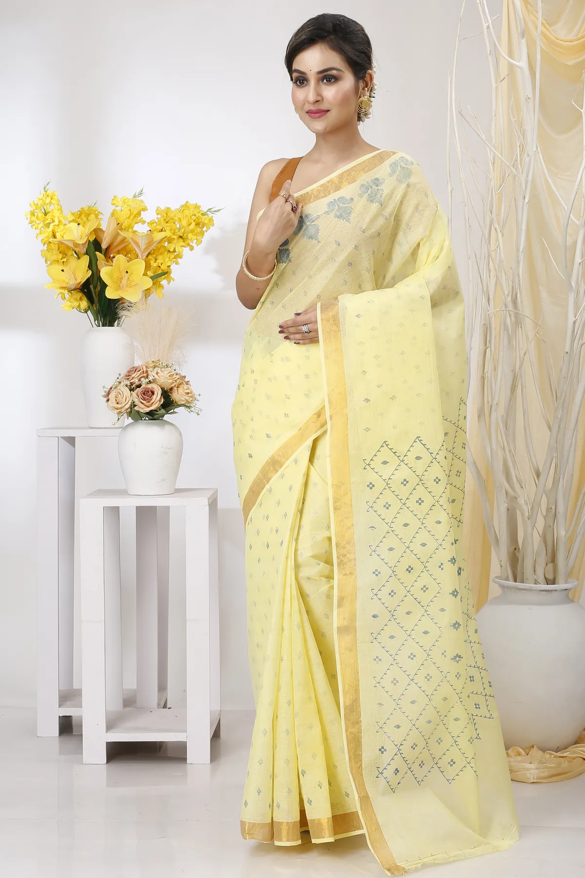 DipDiya Pure Cotton Yellow Luvya Weaves with a Story Printed Tant Sarees