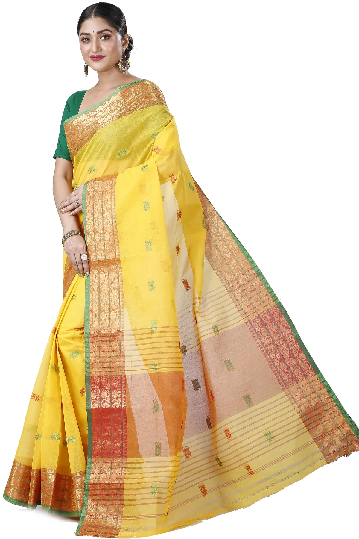 DipDiya Pure Cotton Yellow Manjuri Handloom Heritage Tant Sarees