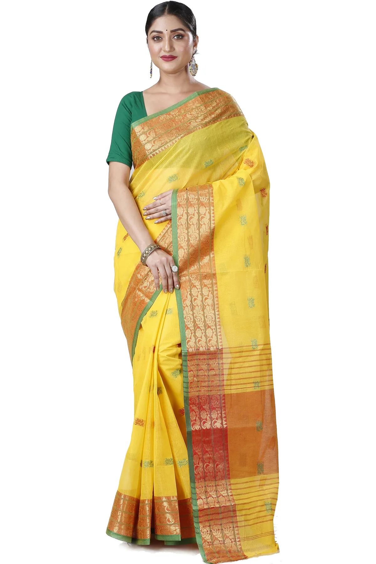 DipDiya Pure Cotton Yellow Manjuri Handloom Heritage Tant Sarees