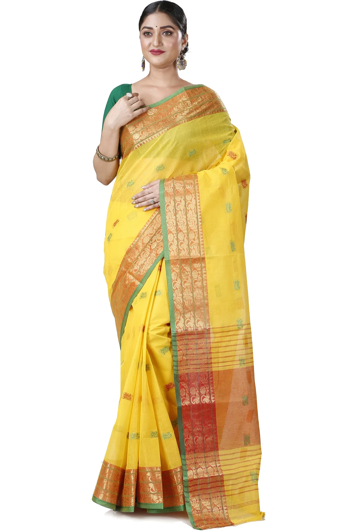 DipDiya Pure Cotton Yellow Manjuri Handloom Heritage Tant Sarees