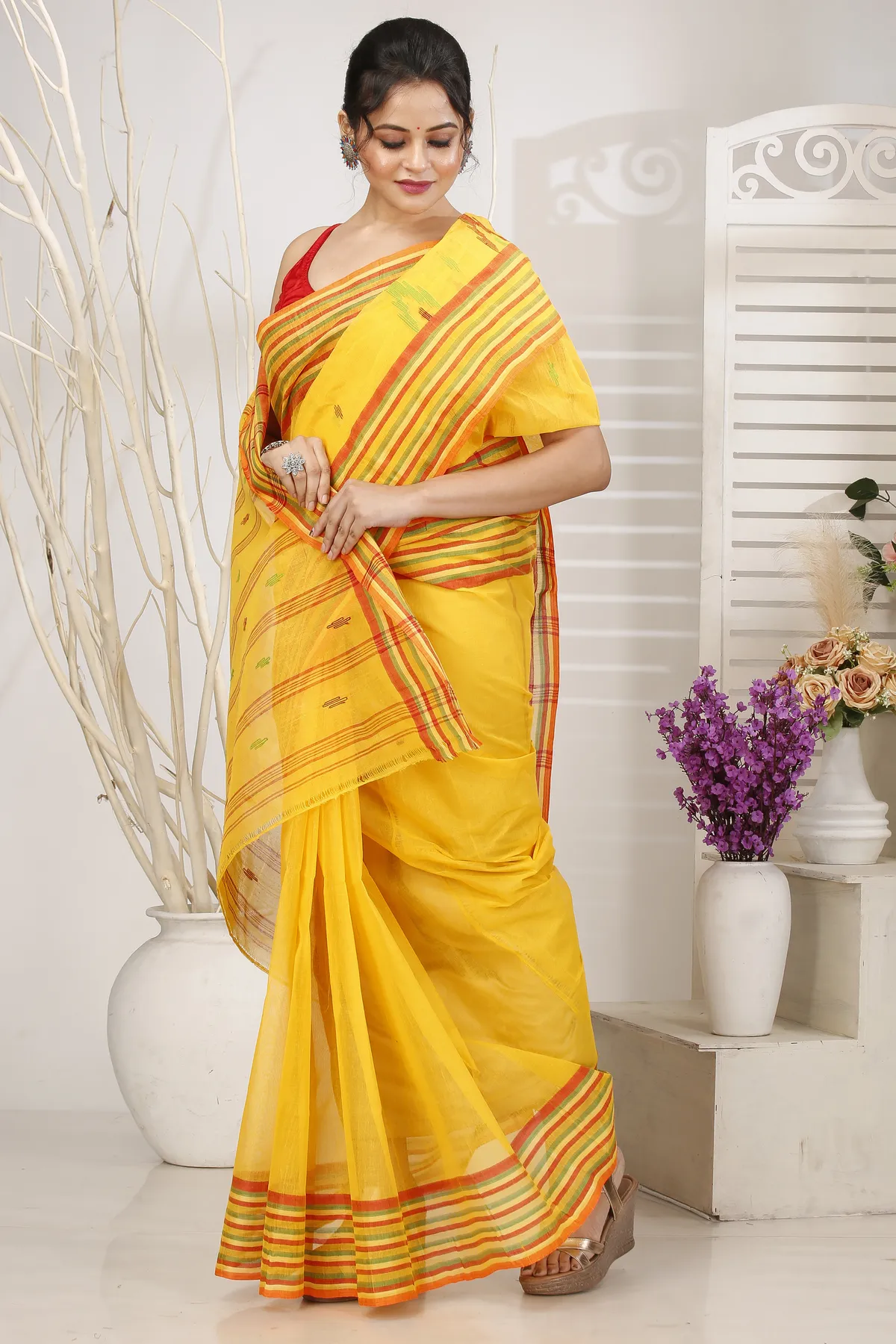 DipDiya Pure Cotton Yellow mena Bengali Heritage Tant Sarees