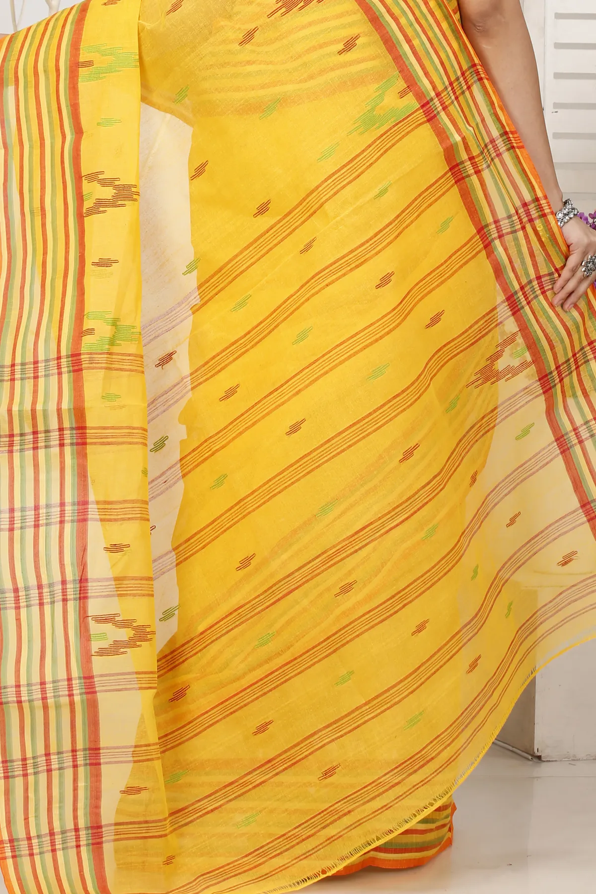 DipDiya Pure Cotton Yellow mena Bengali Heritage Tant Sarees