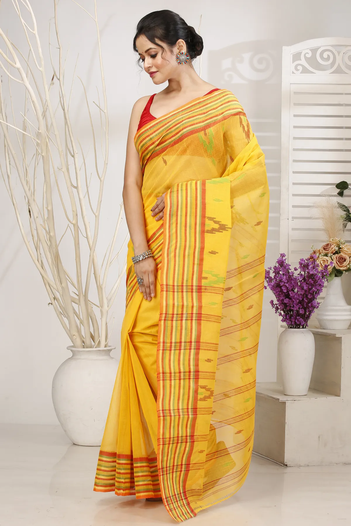 DipDiya Pure Cotton Yellow mena Bengali Heritage Tant Sarees