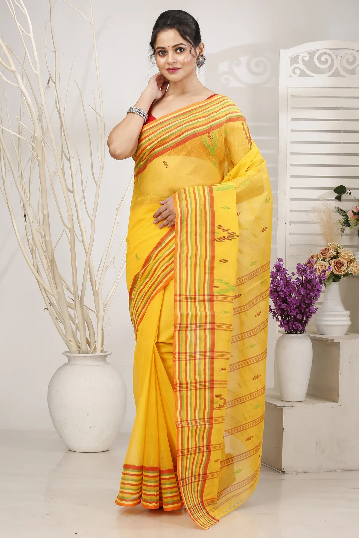 DipDiya Pure Cotton Yellow mena Bengali Heritage Tant Sarees