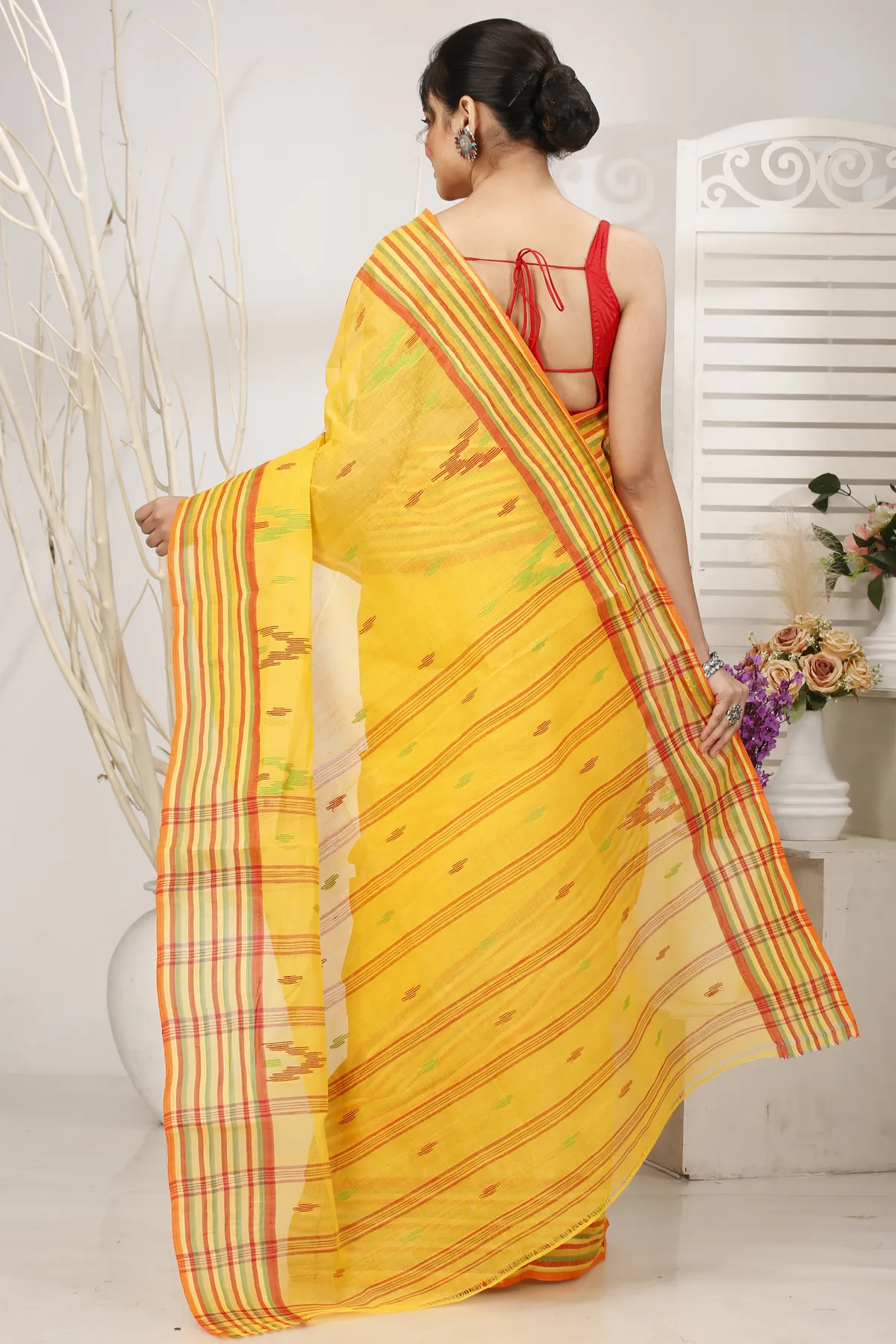DipDiya Pure Cotton Yellow mena Bengali Heritage Tant Sarees