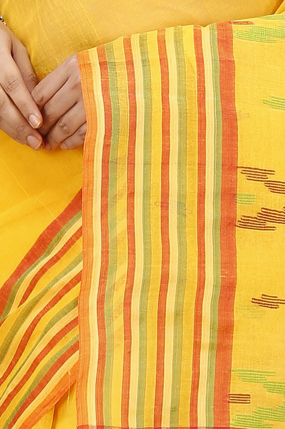 DipDiya Pure Cotton Yellow mena Bengali Heritage Tant Sarees