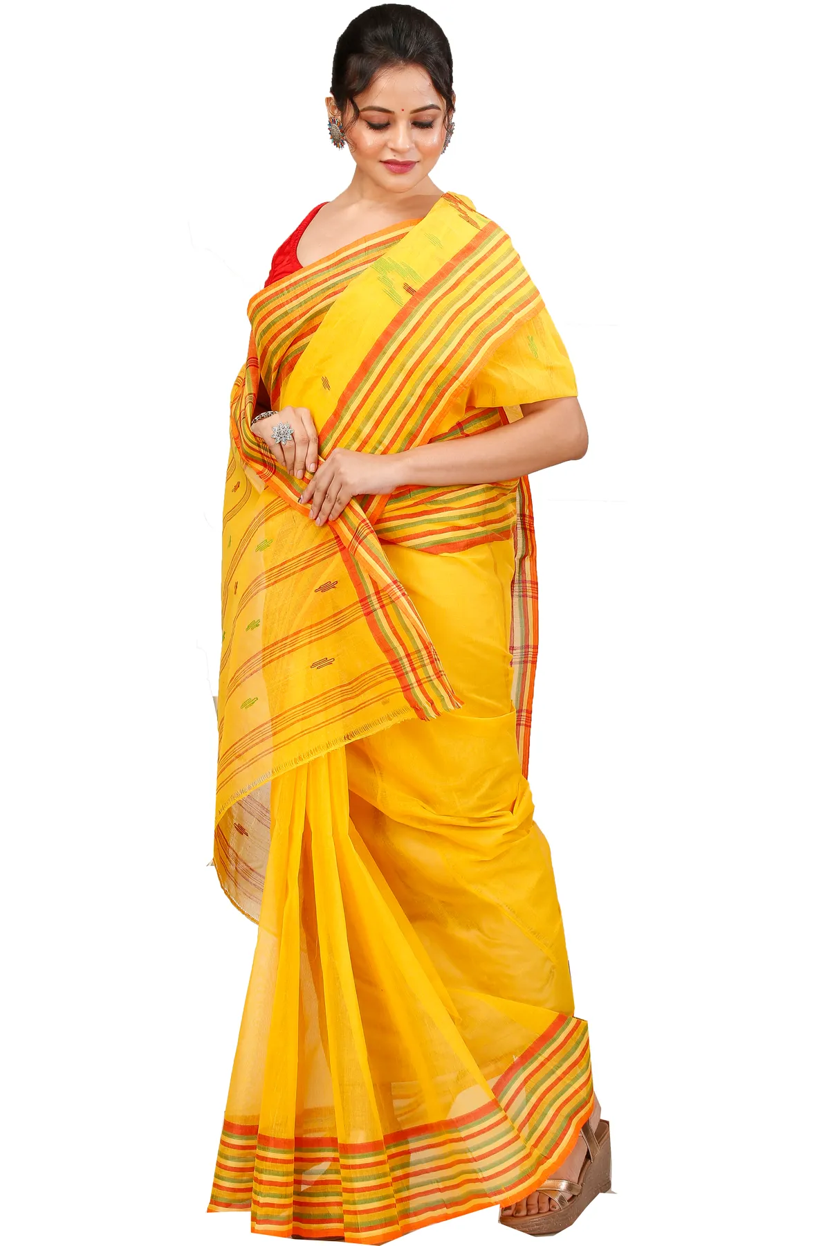 DipDiya Pure Cotton Yellow mena Bengali Heritage Tant Sarees