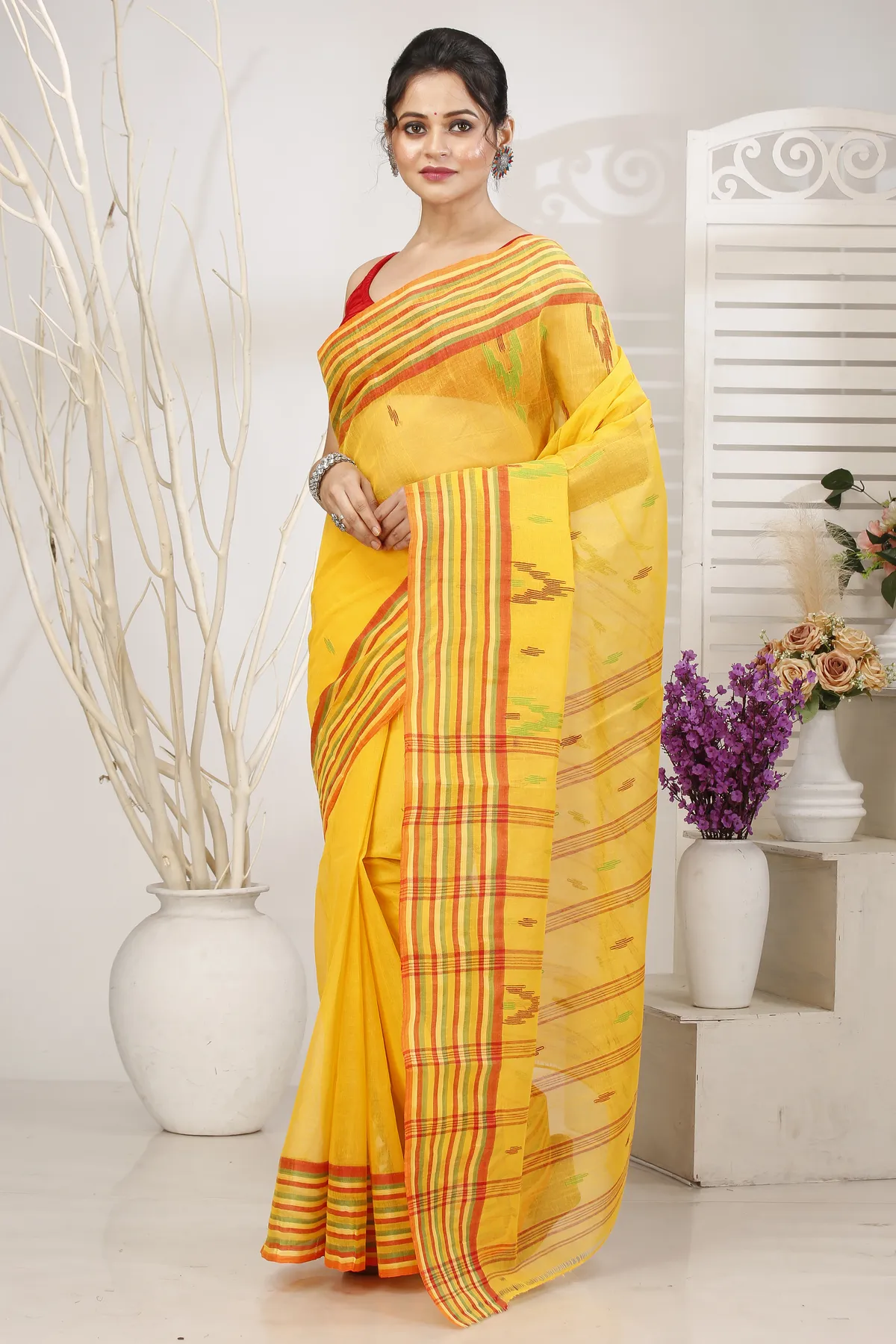 DipDiya Pure Cotton Yellow mena Bengali Heritage Tant Sarees