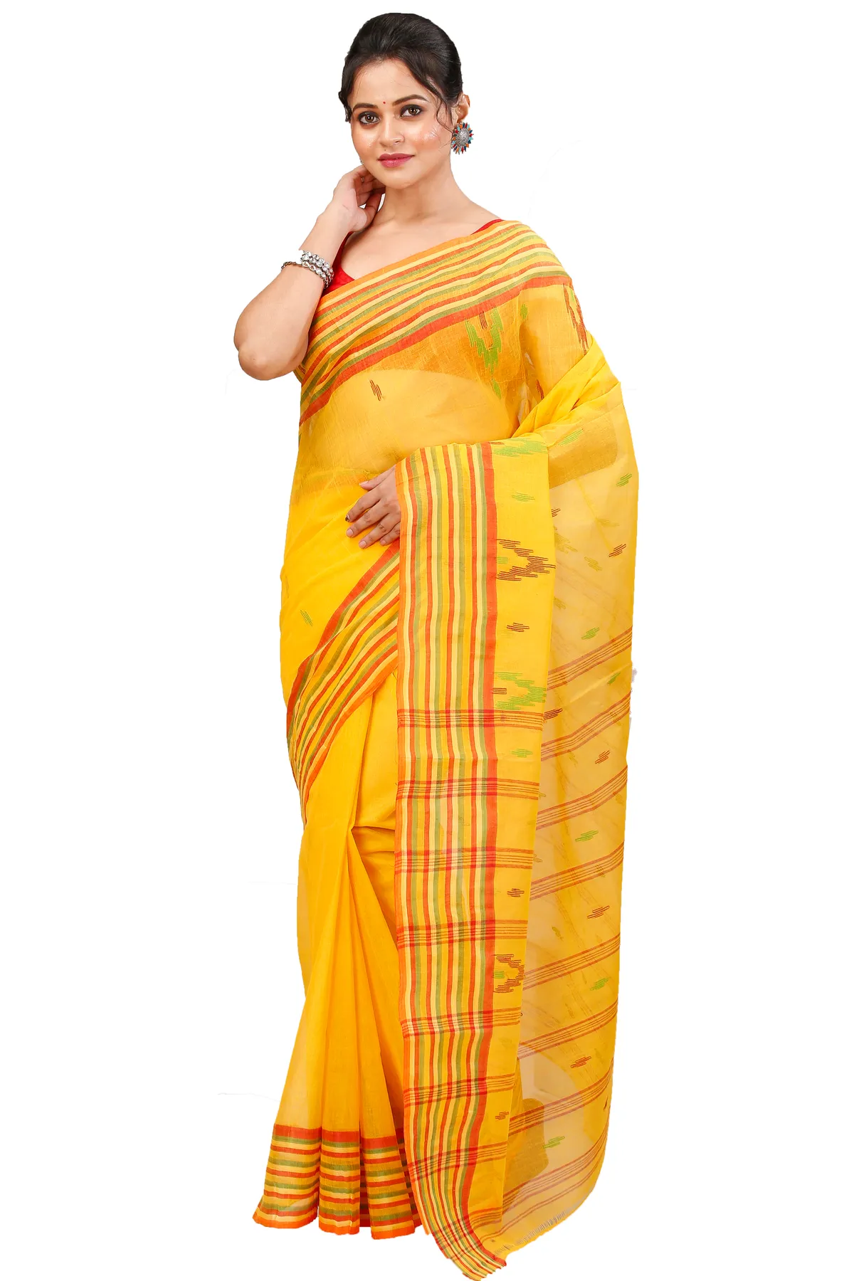 DipDiya Pure Cotton Yellow mena Bengali Heritage Tant Sarees