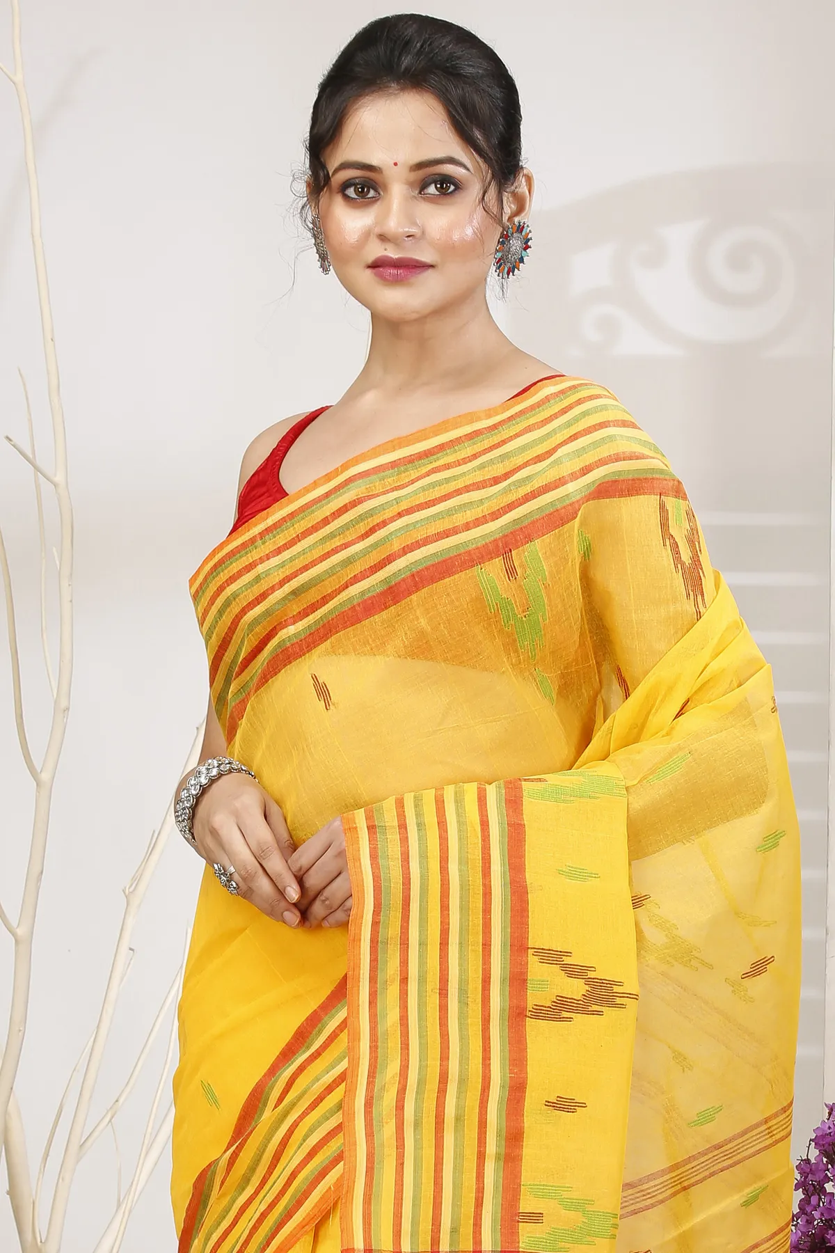 DipDiya Pure Cotton Yellow mena Bengali Heritage Tant Sarees