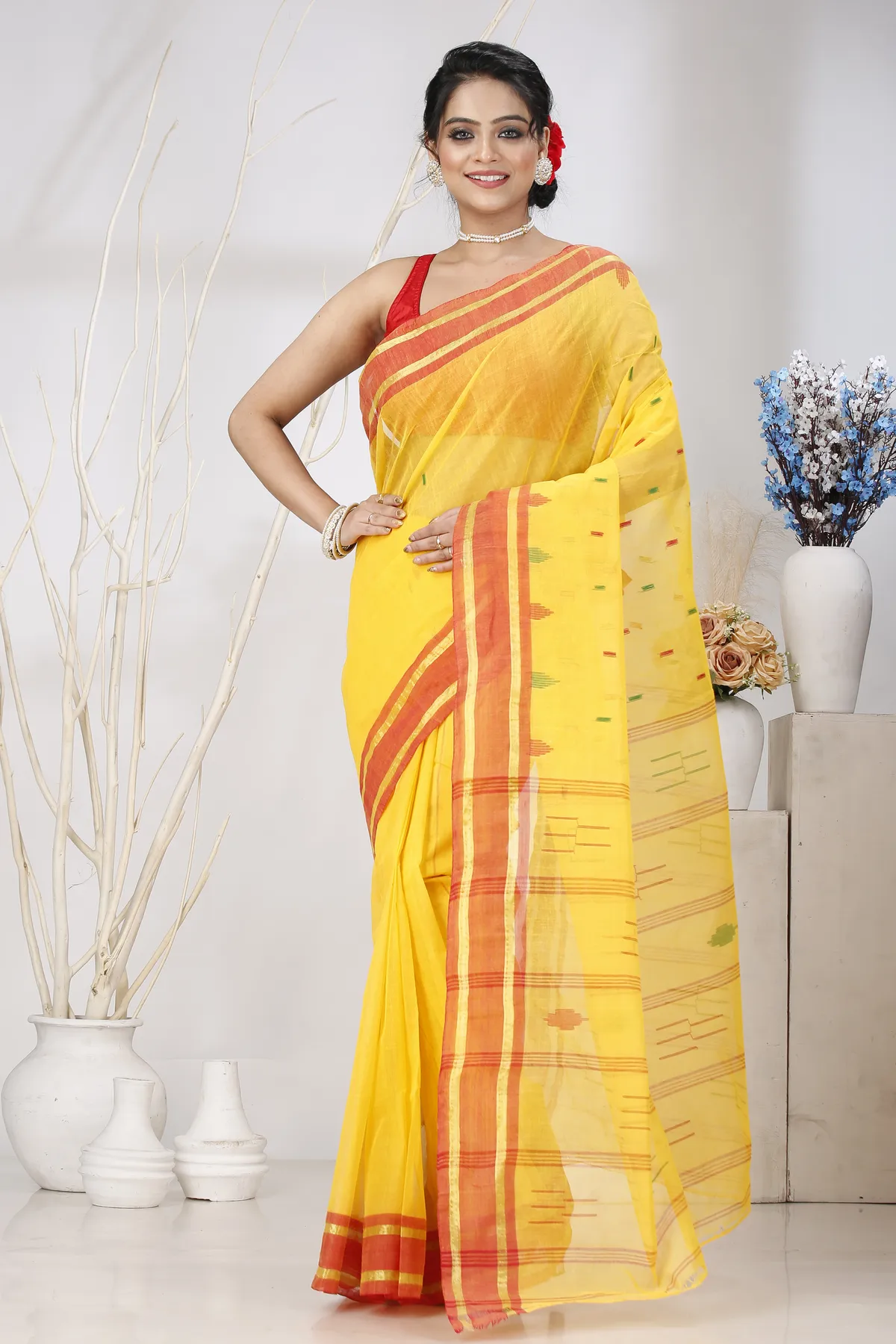 DipDiya Pure Cotton Yellow Metu Artisan Woven Tant Sarees