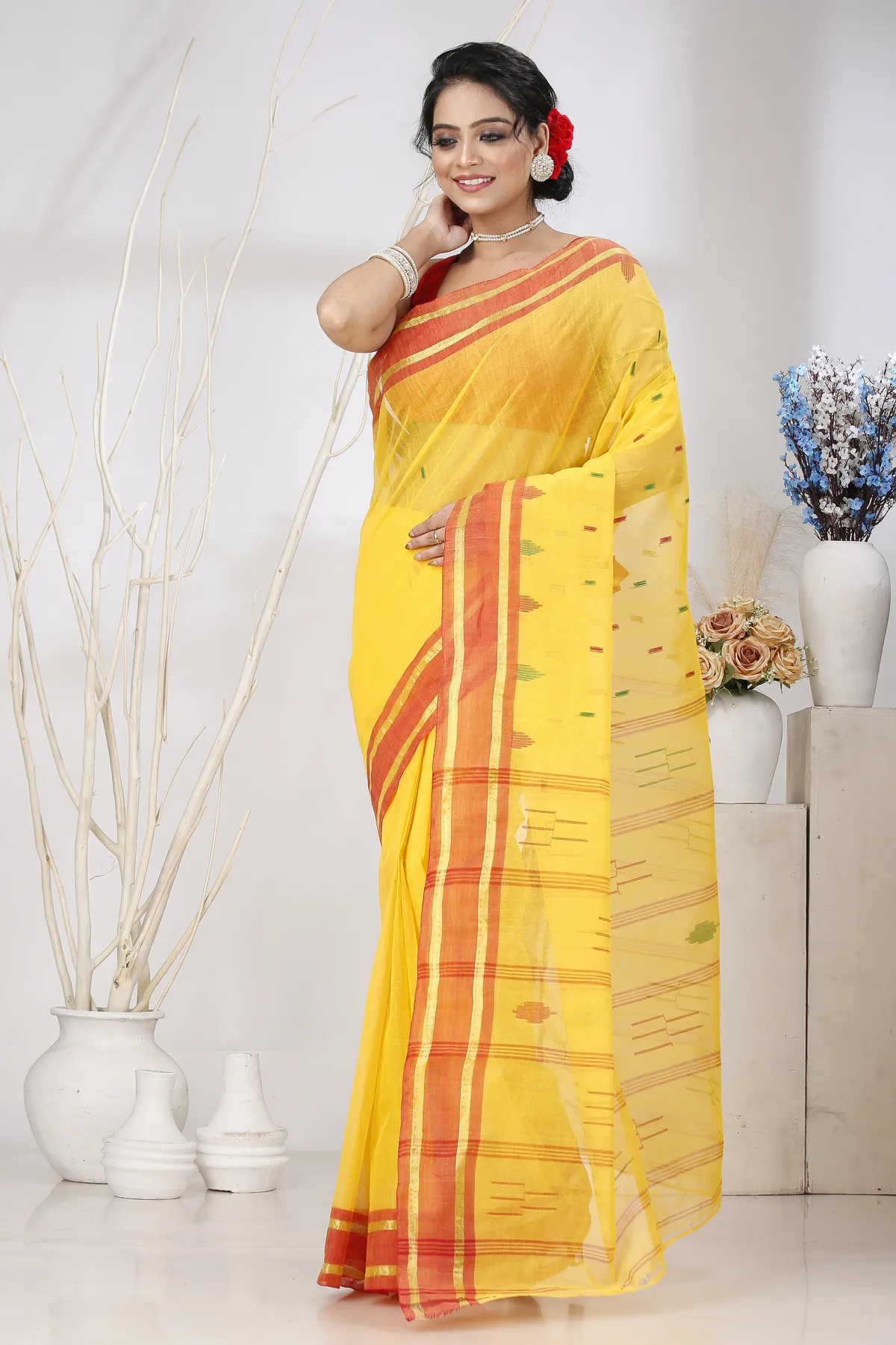 DipDiya Pure Cotton Yellow Metu Artisan Woven Tant Sarees