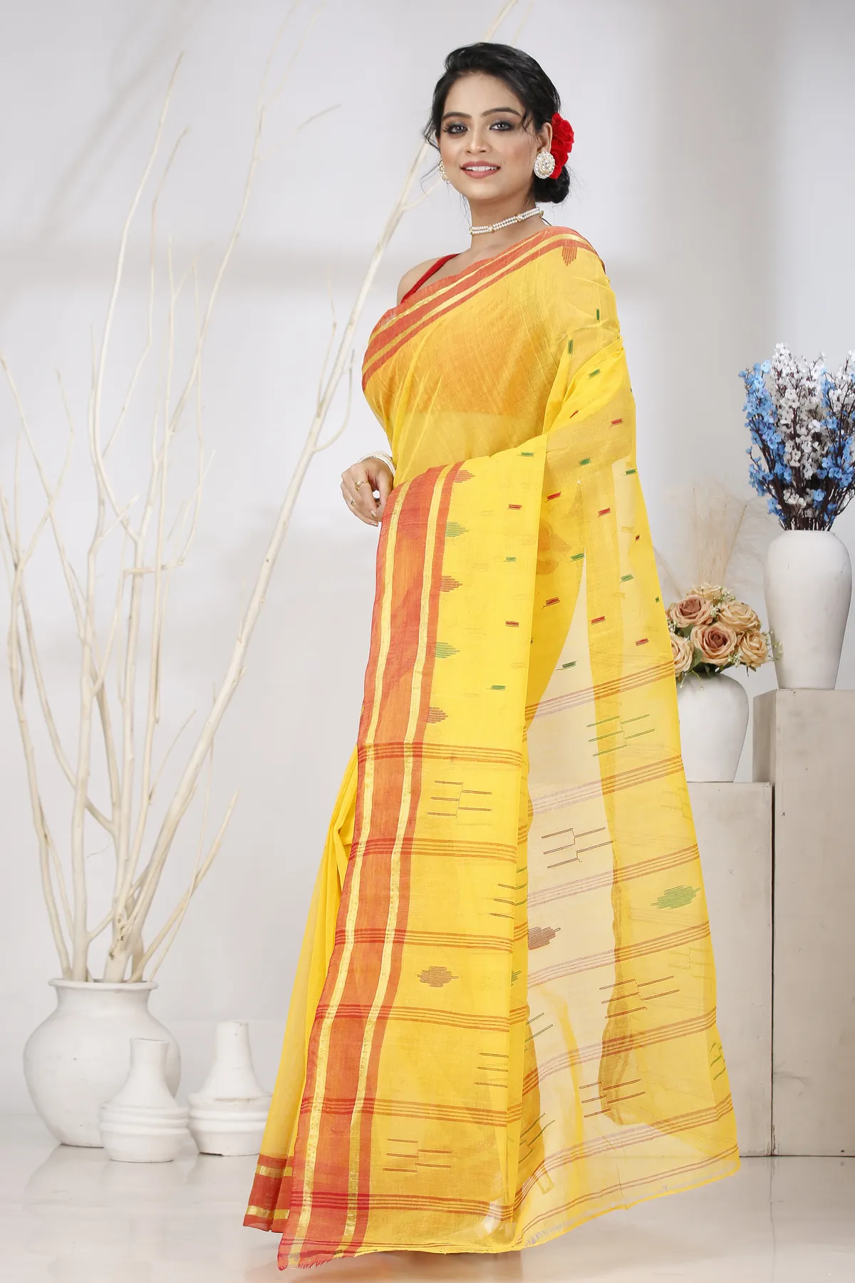 DipDiya Pure Cotton Yellow Metu Artisan Woven Tant Sarees