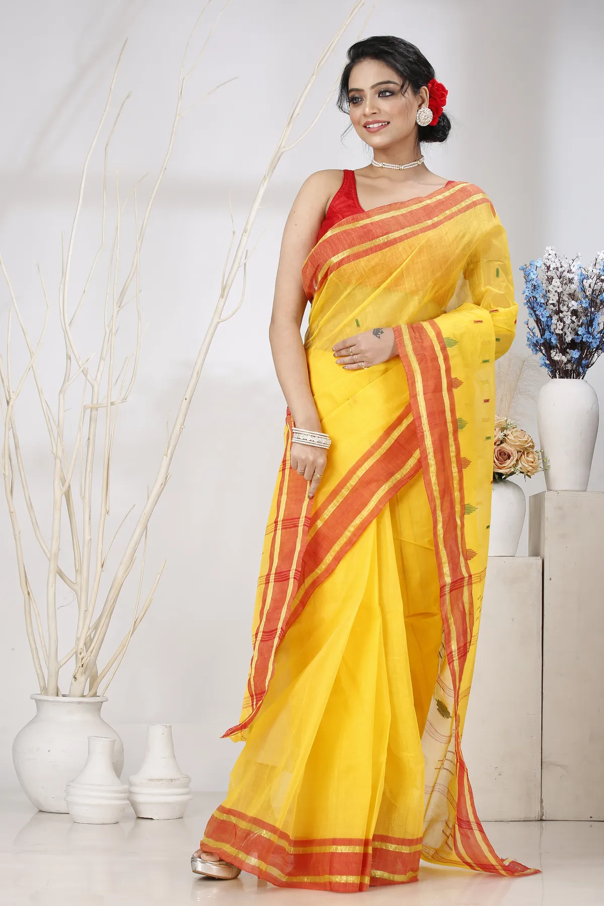 DipDiya Pure Cotton Yellow Metu Artisan Woven Tant Sarees
