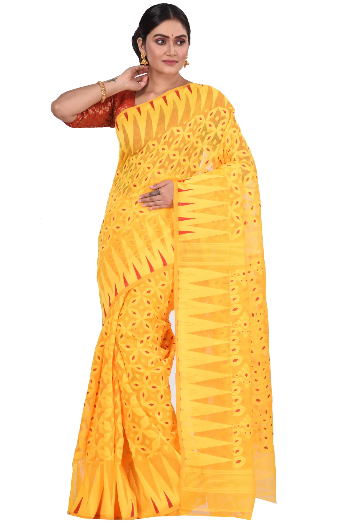 DipDiya Pure Cotton Yellow Minakari Jmdni Weaves with a Story Jamdani Sarees