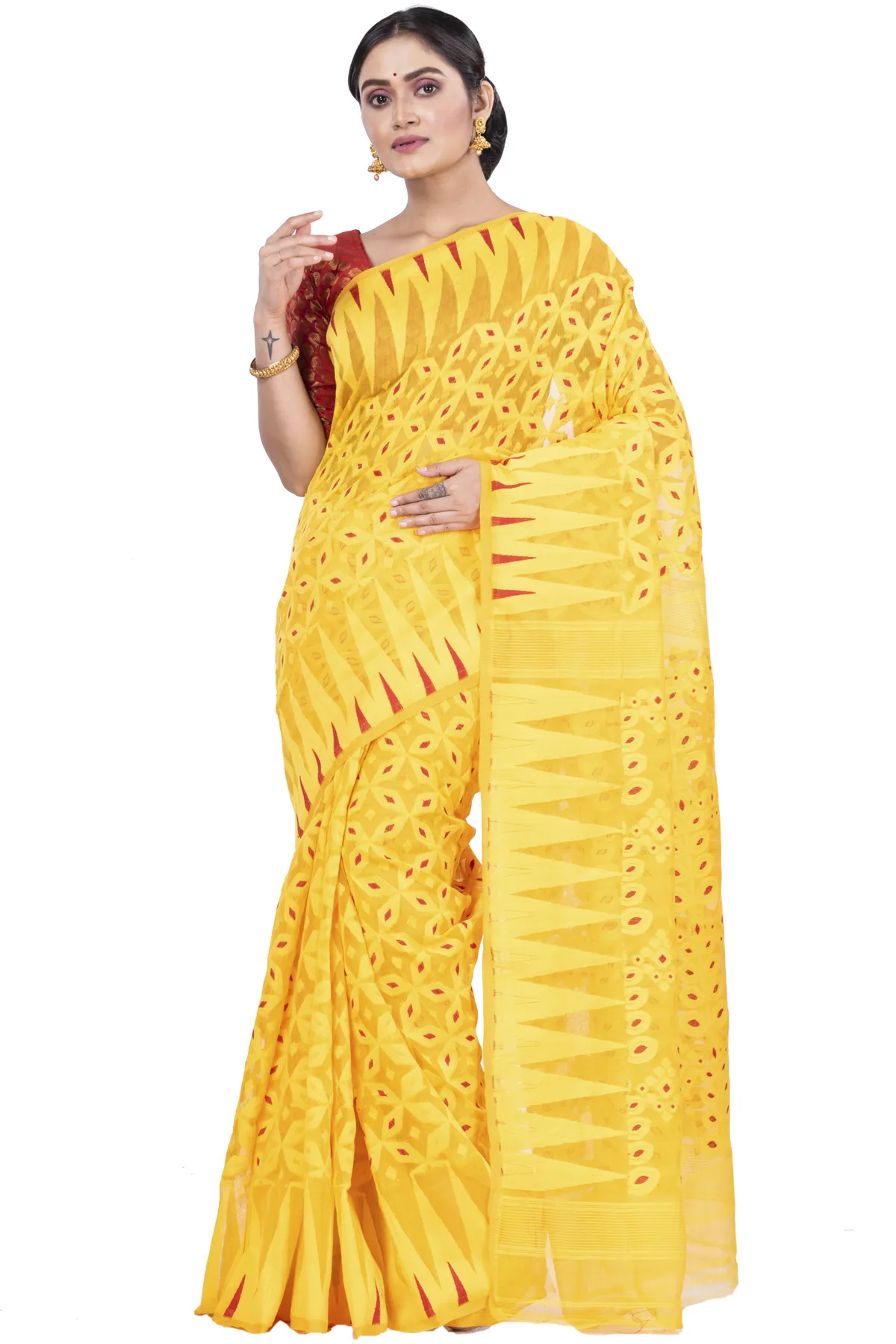 DipDiya Pure Cotton Yellow Minakari Jmdni Weaves with a Story Jamdani Sarees