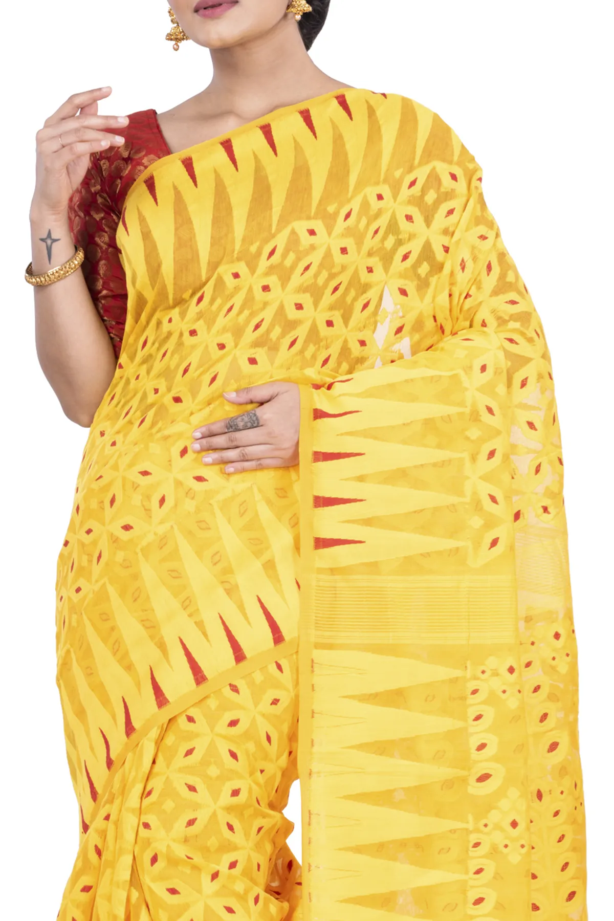 DipDiya Pure Cotton Yellow Minakari Jmdni Weaves with a Story Jamdani Sarees