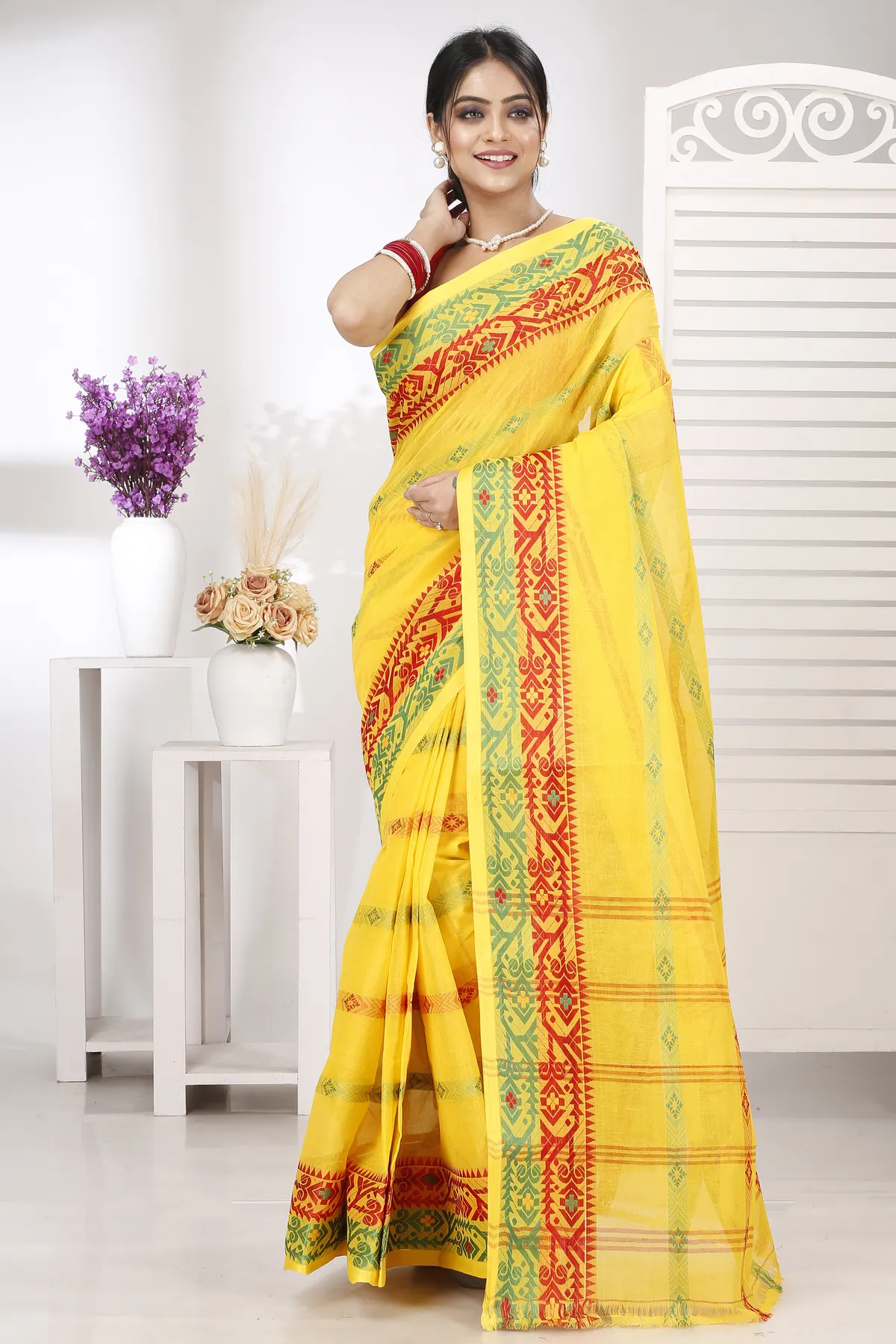 DipDiya Pure Cotton Yellow Moti Ankit Pure Bengali Grace Tant Sarees