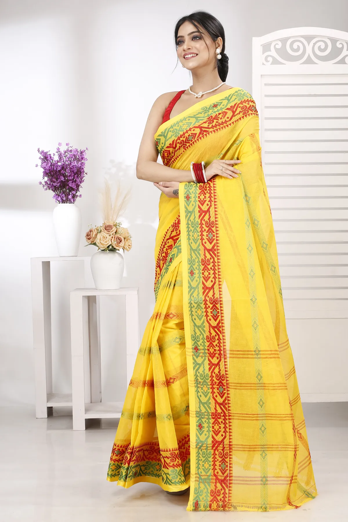 DipDiya Pure Cotton Yellow Moti Ankit Pure Bengali Grace Tant Sarees