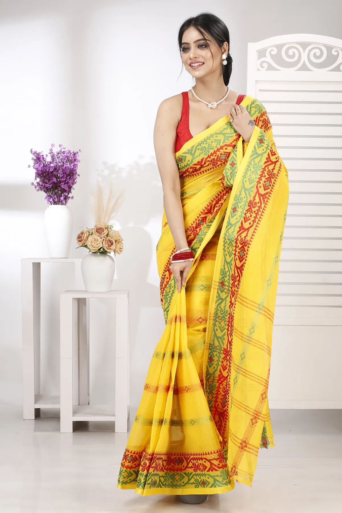 DipDiya Pure Cotton Yellow Moti Ankit Pure Bengali Grace Tant Sarees
