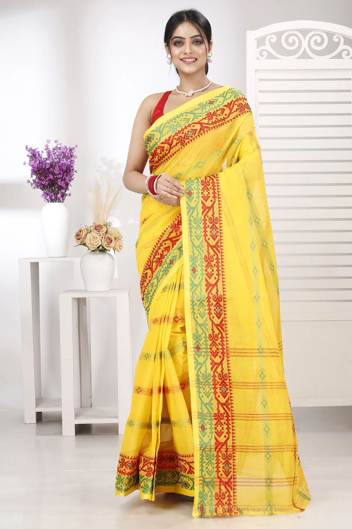 DipDiya Pure Cotton Yellow Moti Ankit Pure Bengali Grace Tant Sarees
